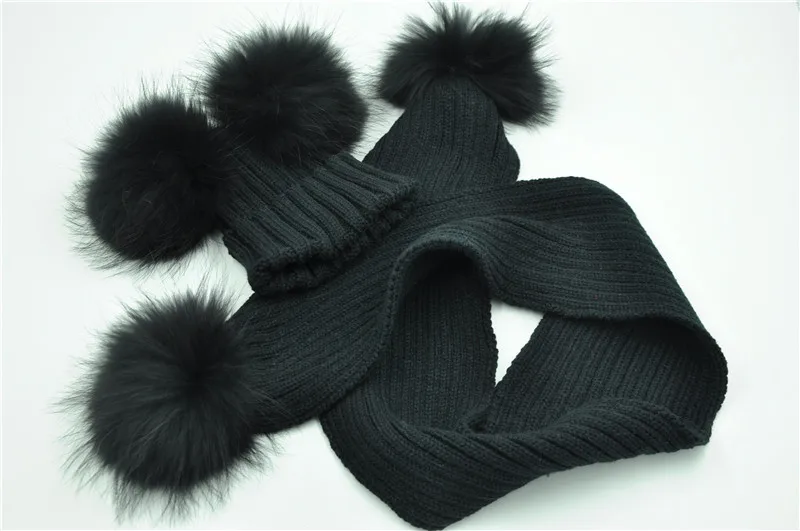 Bonnet et Écharpe Double Pom Pom de fourrure, Bonnets Enfants d'hiver