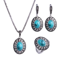 HENSEN Silver Plated Antique Jewellery Oval Shape Pendant Necklace Set Black Rhinestone And Blue Resin Vintage Jewelry Sets