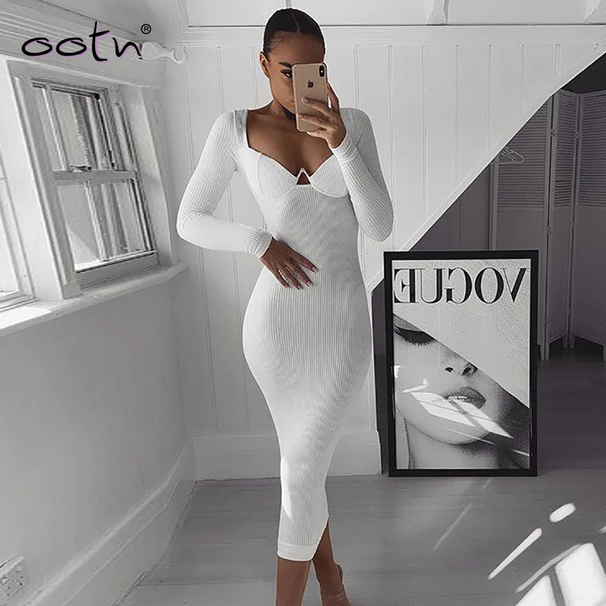 

OOTN White Long Sleeve Bodycon Dress Women Sexy Hollow Out Square Collar Autumn Long Dresses Elegant Brown Dresses Ladies 2019