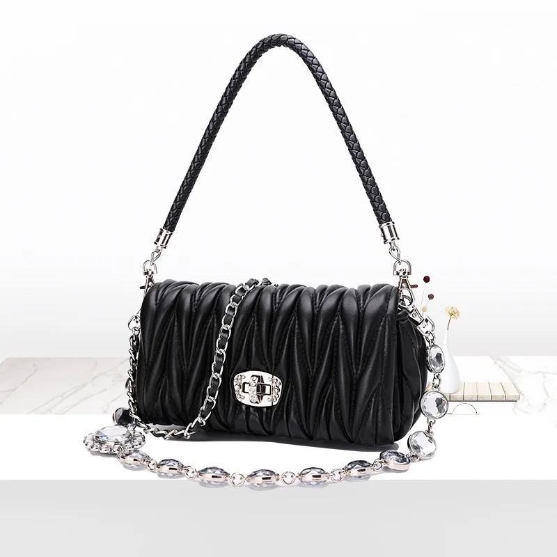 

Women's new chain studded shoulder bag Cross section square texture sheepskin mini slung lock small bag