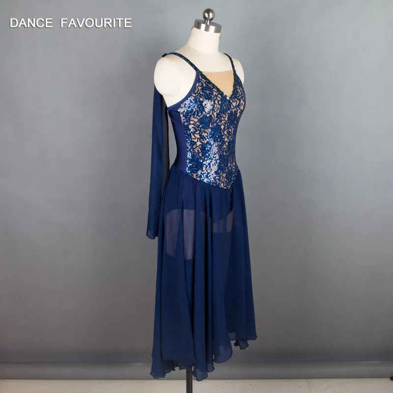 Темно-синие блестки кружева лиф Лирический костюм, танцевальные костюмы платье для женщин и девочек костюмы для сценических выступлений балерина платье для танцев
