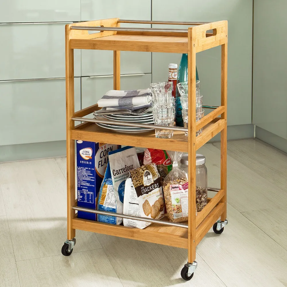 

SoBuy FKW15-N, Bamboo Kitchen Serving Trolley Shelf with Four Castors, Bathroom Rack