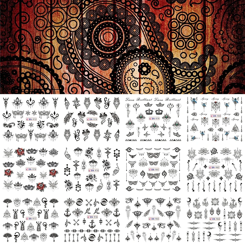 

12 Sheets Nail Art Water Transfer Sticker Mixed Designs Indin Black Lace Sexy Face Mask DIY Wrap Tip Nails Decoration BN973-984