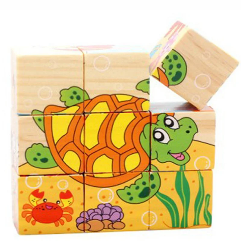 

Duck Dog Dinosaur Turtle Shark Ocean Animal Six-face Picture Wooden 3D Toys Children Early Educational Toy Cube Puzzle Baby Kids