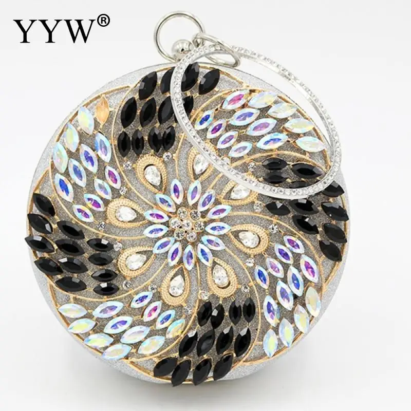 

Round Metal Rhinestone Wedding Clutch Purse Gold Silver Clutch With Bead Crystal Circular Ring Flower Shoulder Bag Metallic Bags