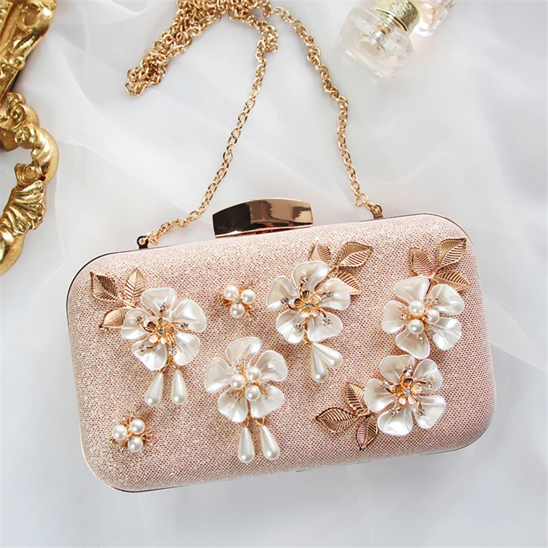 

Women Clutch Bags Floral Luxury Evening Bags Pearl Handbags PU Wedding Bride Purse Flap Ladies Small Crossbody Shoulder Bag
