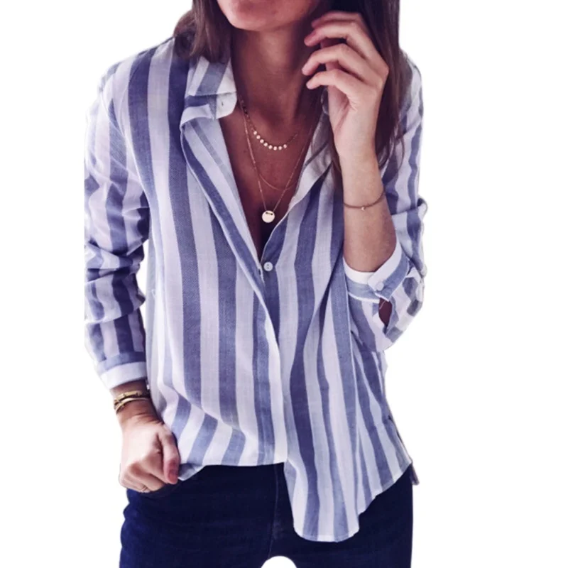 

Striped Long Sleeve Button Loose Ladies Turn Down Collar Blouse Shirt Spring Summer Womens Tops And Blouses Casual Tees 2018
