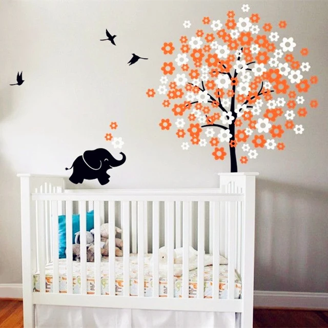 White Tree With Flying Birds Wall Decal Vinyl Sticker Cute Elephant White Tree With Flying Birds Wall Decal Vinyl Sticker Cute Elephant Art Decor Baby