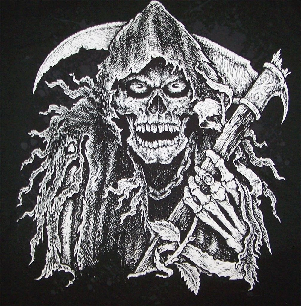 SIZE L GRIM REAPER WITH SICKLE & HOOD BLACK SHORT SLEEVE TEE SHIRT 292