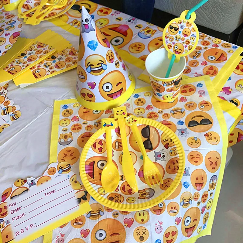 

OLOEY Smiling Emoji Party Smiley Face Disposable Tableware Set Napkins Paper Plates Cups Baby Shower Birthday Party Decorations