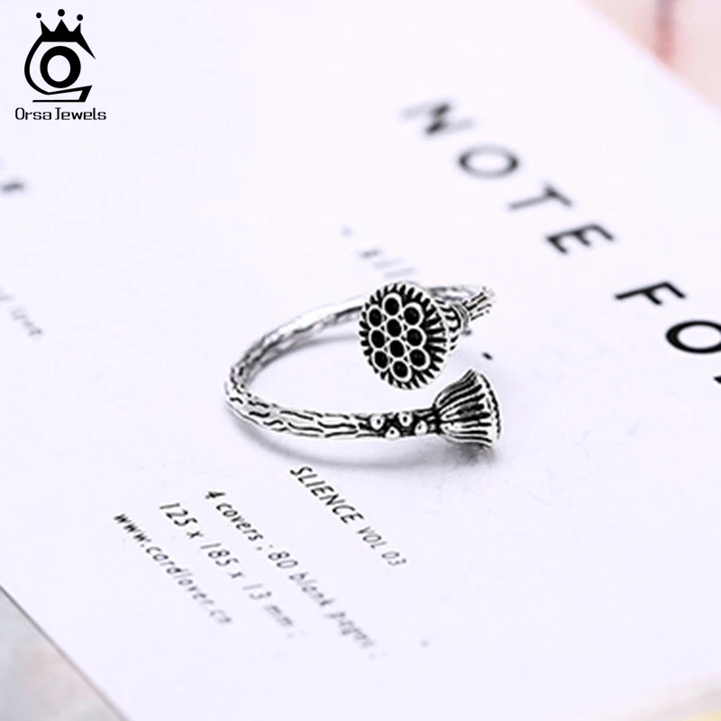 ORSA JEWELS Genuine 925 Sterling Silver Rings For Women Charm Lotus Flower Open Ring Adjustable Creative Anniversary Gift PSR49