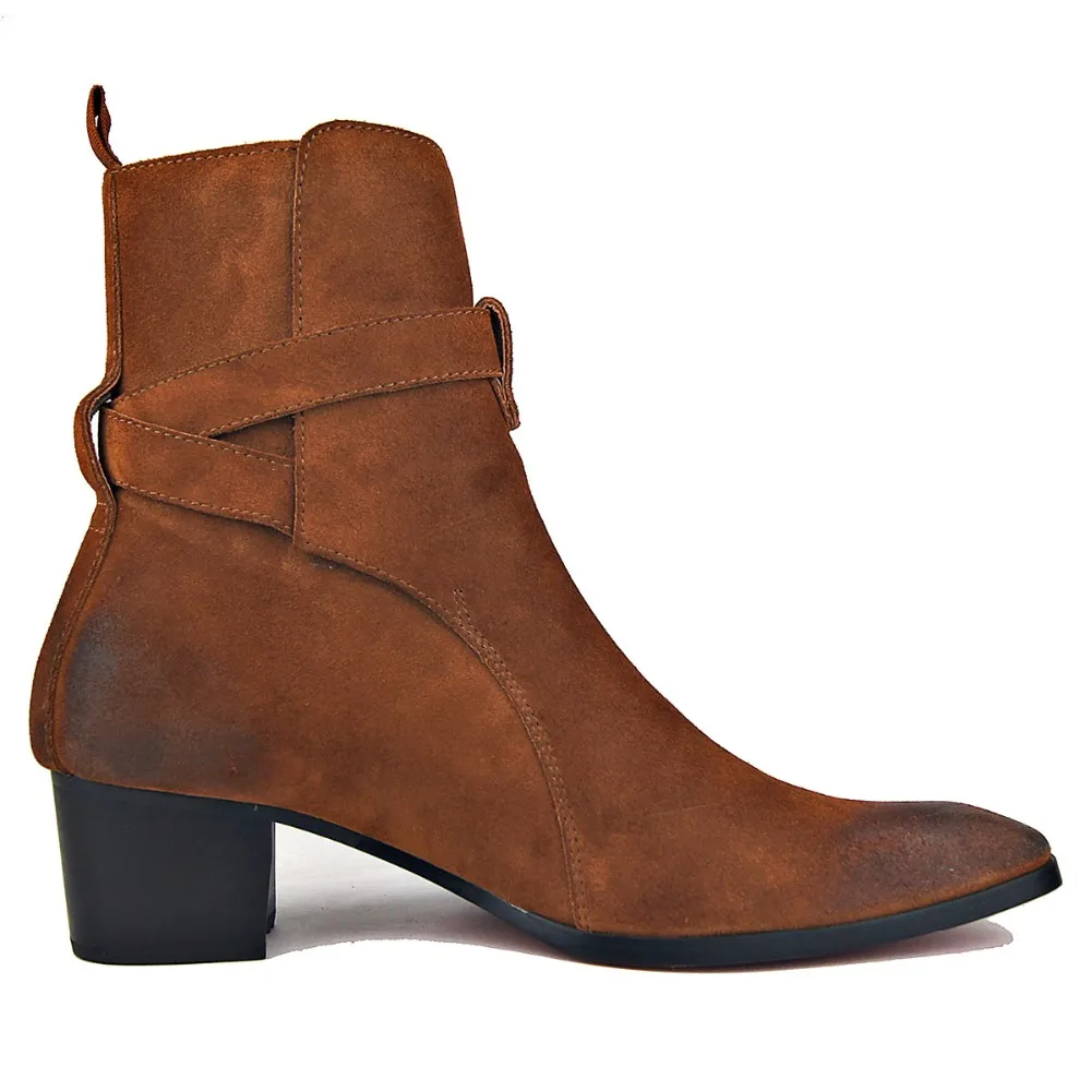 Genuine Cow Leather Suede high heel Men Boots high top Zipper fashion British style fashion men's Chelsea Boots Hot