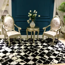 American style luxury cowhide seamed rug geometrical chequer real cow skin patchwork carpet for living room decoration