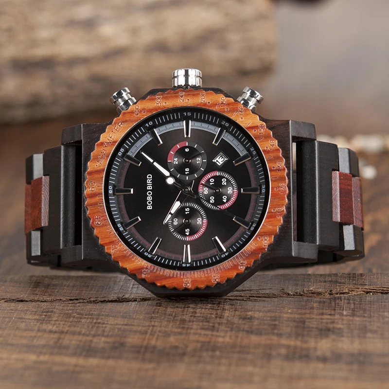 BOBO BIRD Big Size Men Watch Handmade Wooden Luxury Watches Chronograph Christmas Family Gift reloj hombre 2018