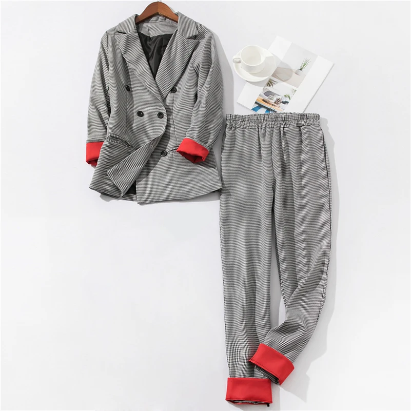 Korea Style Casual Plaid Women Pant Suits Notched Collar Blazer Jacket And Pencil Pant Elegant Gray Female Suit Set Korea Style Casual Plaid Women Pant Suits Notched Collar Blazer Jacket And Pencil Pant Elegant Gray Female Suit Set