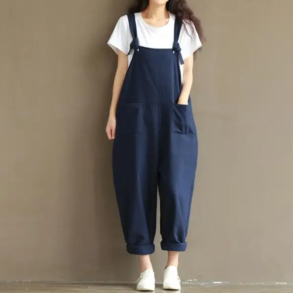 

Mori Girl Spring Plus Size Women Jumpsuits and Rompers Loose Waist Cross Cotton Overalls Wide Leg Female Pants Trousers DV418