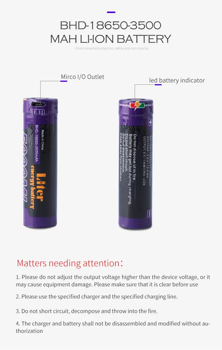 USB 3.7 V 18650, 3500mAh Li-Ion rechargeable USB battery with LED light DC-charging indicator