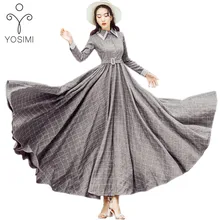 Vestido largo de otoño invierno 2019 de YOSIMI con estampado Vintage de cuadros para mujer, Vestidos grises de lana para mujer, Vestidos para fiestas nocturnas