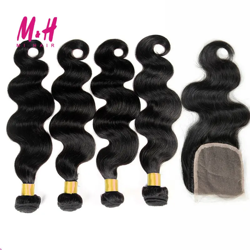 7A Peruvian Virgin Hair With Closure 4 Hair Bundles Peruvian Body Wave With Lace Closure Human Hair Weave With Closure