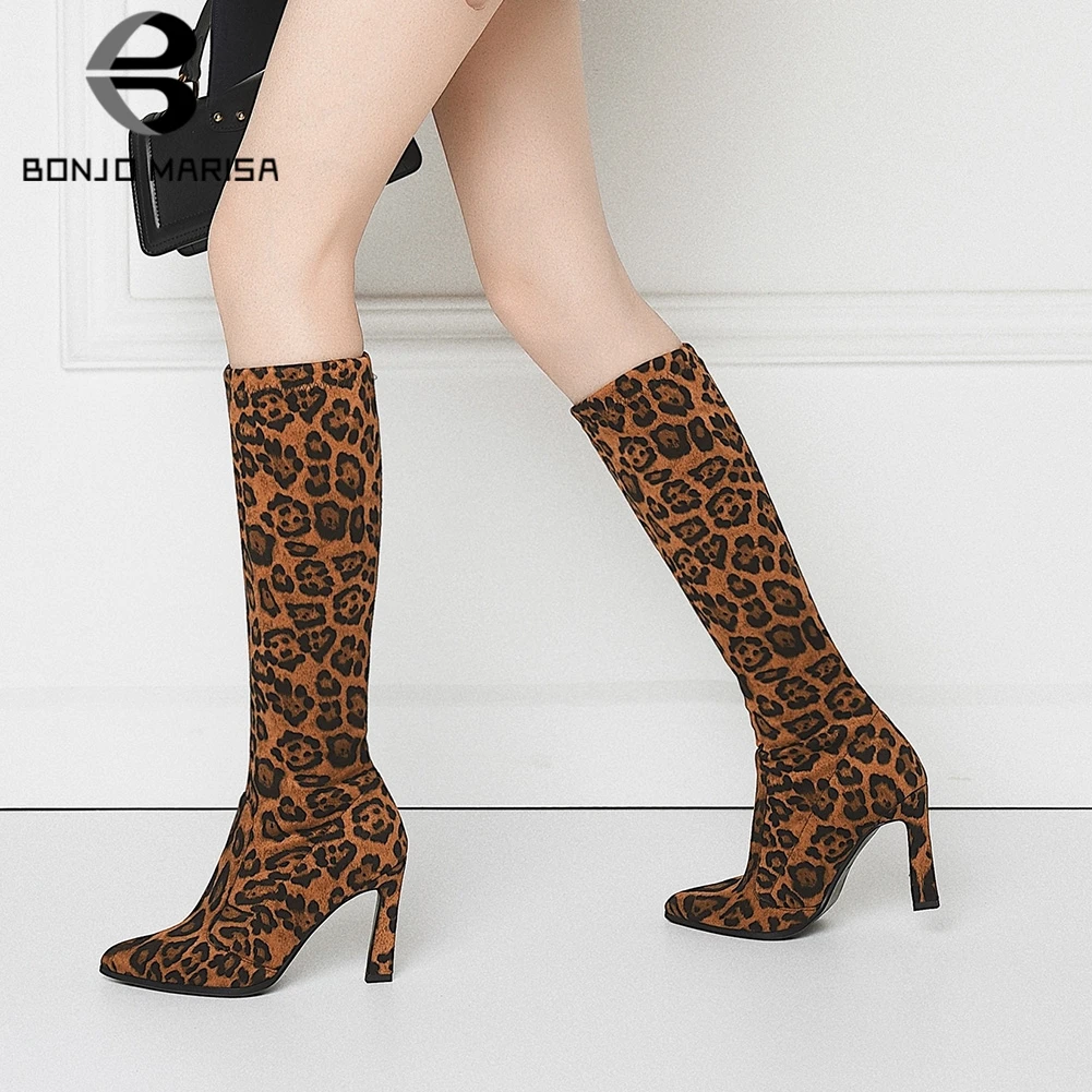 

BONJOMARISA women's Knee High Boots New Arrival Sexy High Heels Boots Leopard Autumn Spring Women Boots Size 34-43