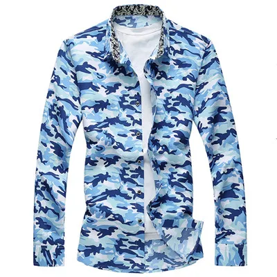 Blue Camo M-6XL камуфляжная Гавайская Мужская рубашка Весенняя Повседневная рубашка на пуговицах с длинным рукавом размера плюс Camisa Social Masculina - Цвет: Blue Camo