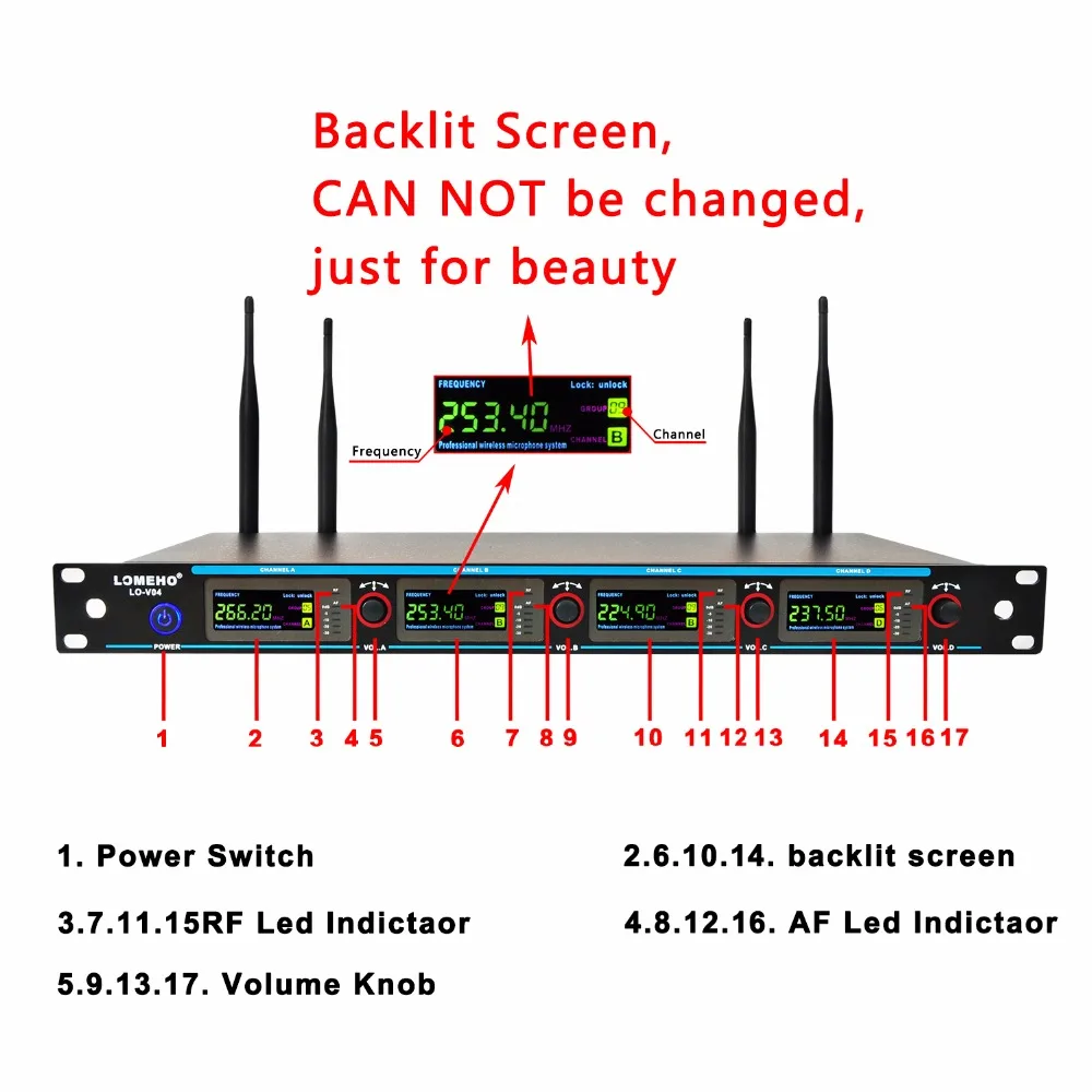 LOMEHO LO-V04, 4 канала, 4 металлические ручные микрофон, караоке, KTV, вечерние, динамический микрофон, церковный микрофон, VHF беспроводной микрофон