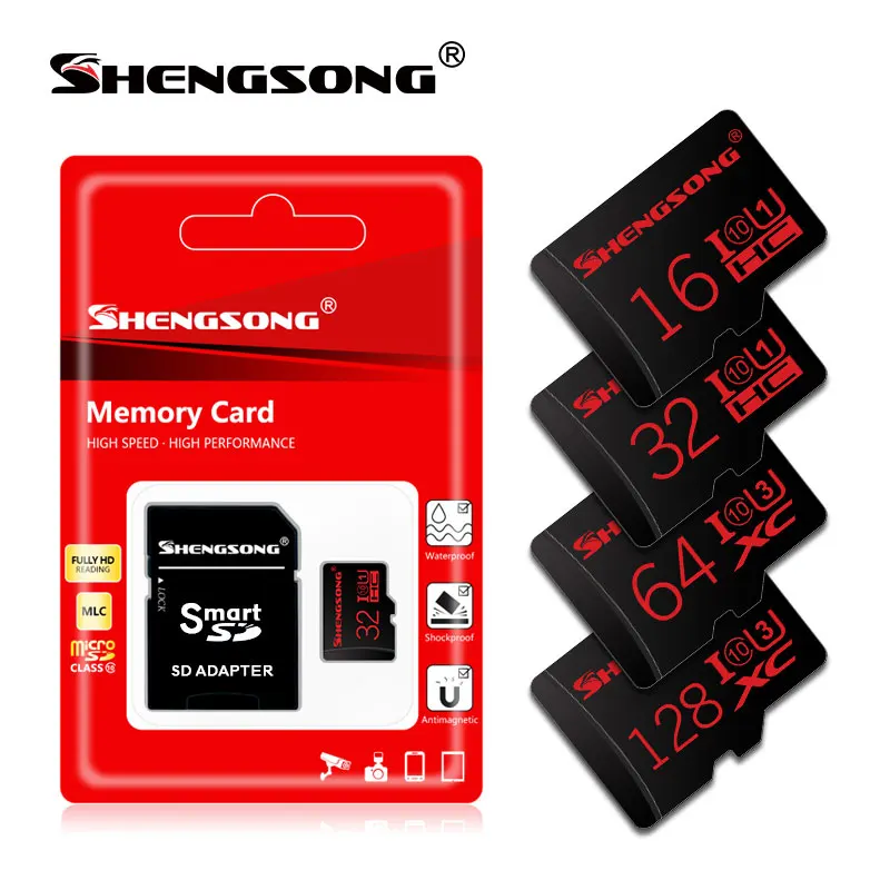 Дешевый Горячая Мода SHENGSONG Оригинальный Micro SD карты памяти 128 Гб 64 32 16 C10 SDHC SDXC картао де memoria с адаптером в подарок