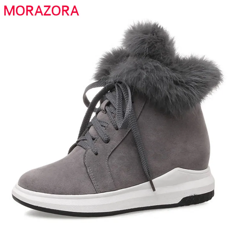 

MORAZORA 2018 newest ankle boots for women flock round toe lace up boots warm winter snow boots comfortable flat shoes woman