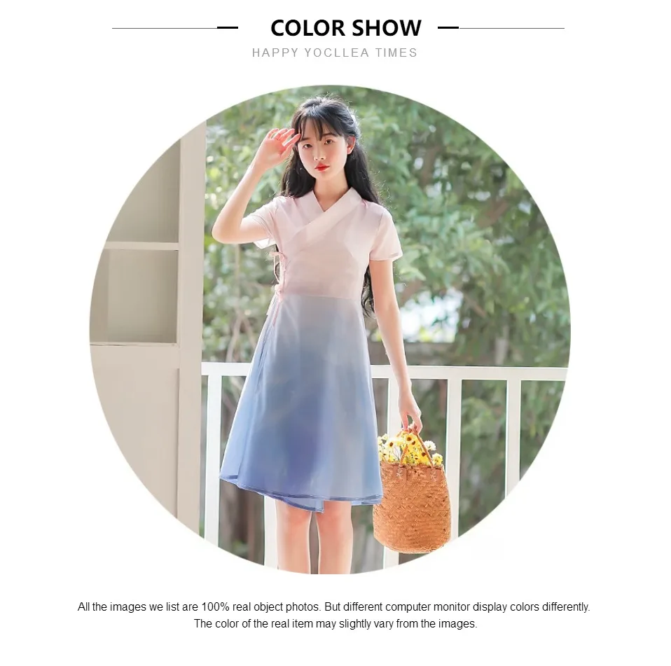 Pink Blue gradual change Print dress Retro Young girl student short sleeve dresses vestidos summer A-Line dress women