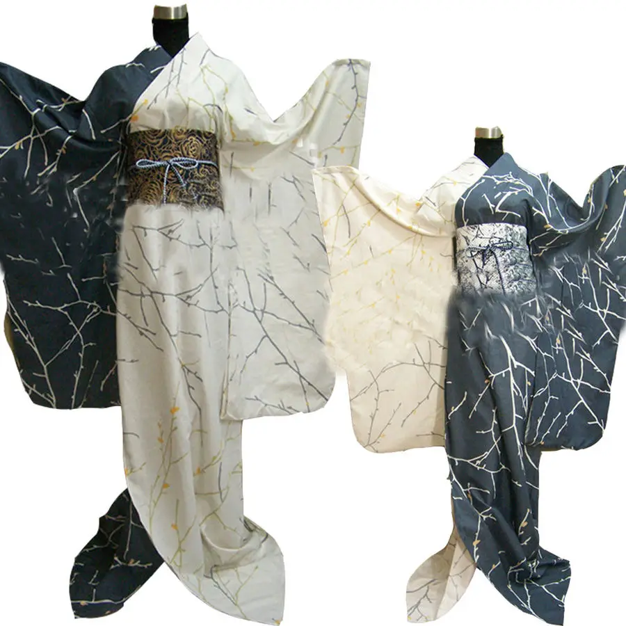 

Japanese Women's Long Furisode Flower branch Kimono Traditional Cosplay Costume