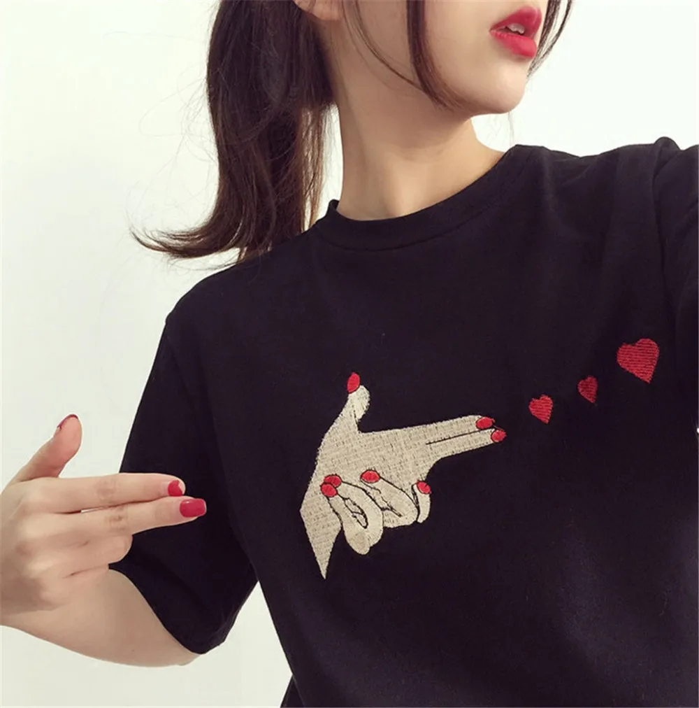 Summer Heart Hit Embroidery Women T Shirt 2017 Women Simple Shirts Casual cool top tee Short Sleeve O Neck loose T-shirt  (6)