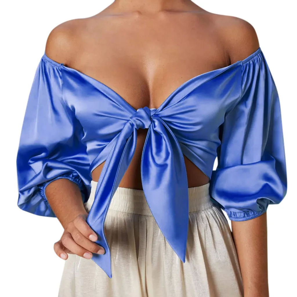 

Deep V-Neck Half Sleeve Sexy Off Shoulder Front Bow Lace Up Solid Vest Shirt Summer Fashion Push Up Low Cut Blouse Camiseta#Y5