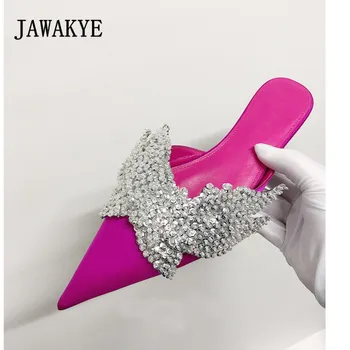 

Summer new hand sewing Rhinestone glitter slippers Women Rose Red Silk Pointed Muller flat Shoes Flip Flop Outdoor female slides