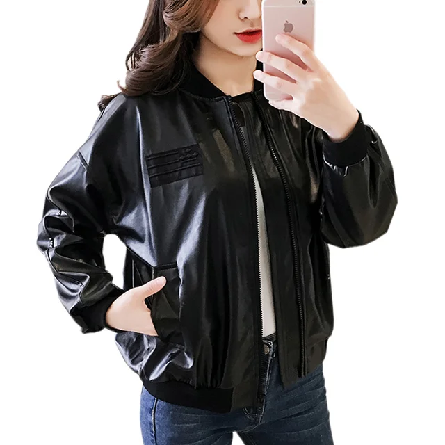 Korean Motorcycle Leather Jacket Women PU Coat Stand Collar Long Sleeve