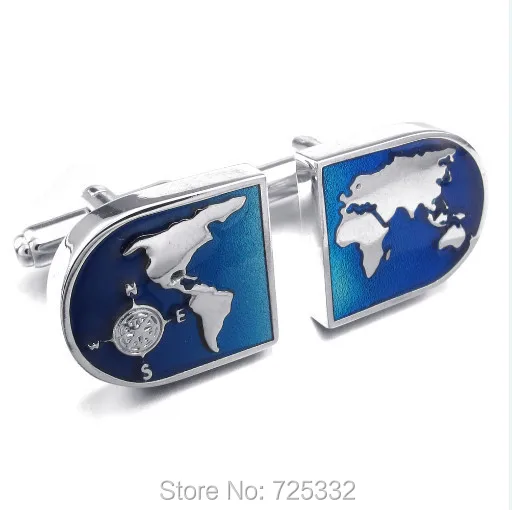 

1 Pair Rhodium Plated Mens World Map Shirts Cufflinks Wedding Color Blue Silver