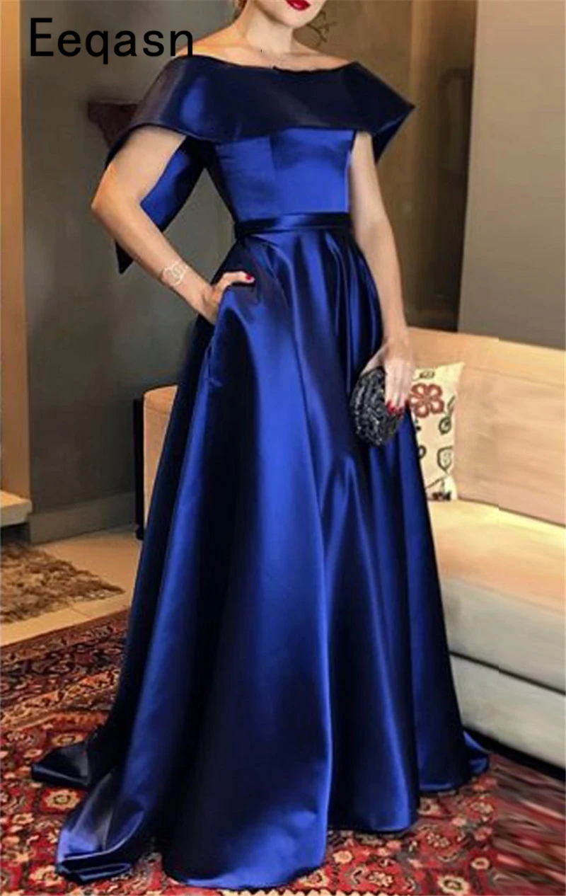 Elegant Royal Blue Evening Dresses Long 2018 Satin Off Shoulder Saudi