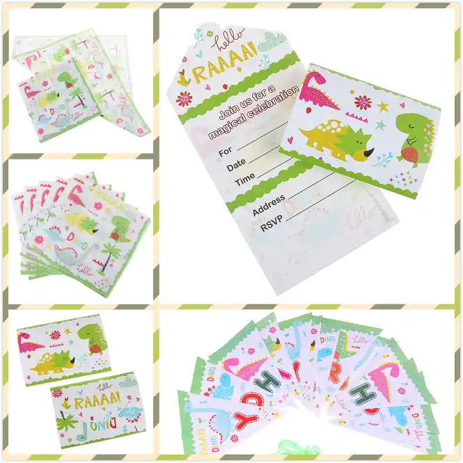1set dinosaur theme invitations for kids birthday party invitation card disposable towel ribbon decoration party supplies kids birthday party invites
