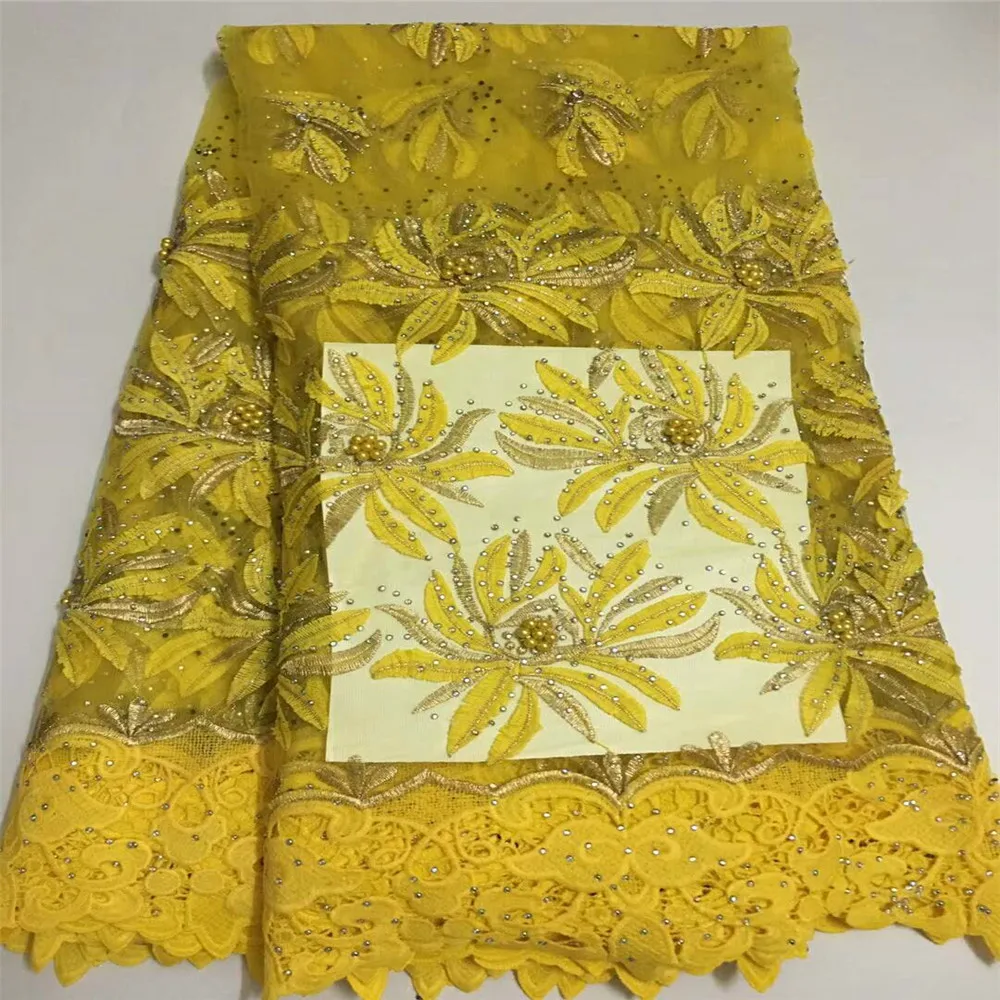 

Yellow African Party Dress Net Lace 2018 French Embroidery Lace Fabric With Beaded And Stones X479-2