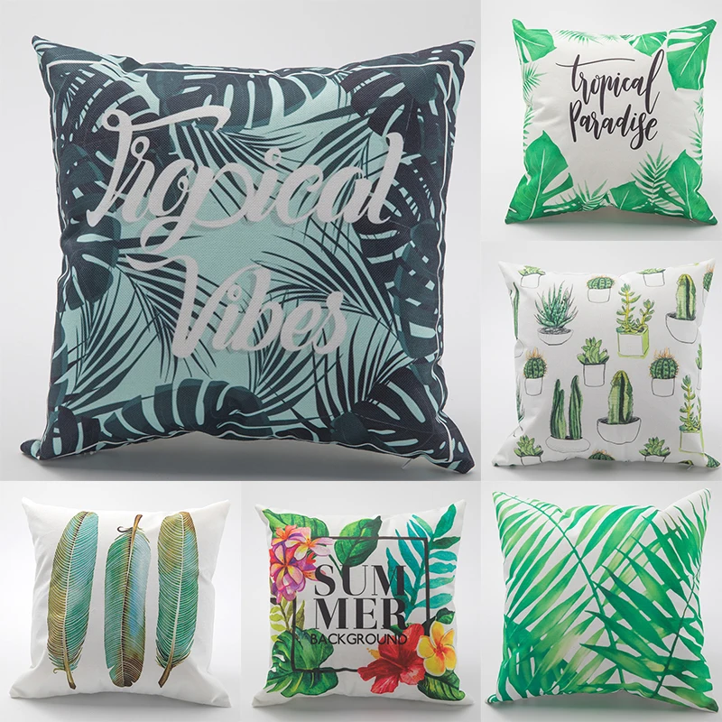 

Tropical Plants Palm Leaf Green Leaves Monstera Pillowcase Hibiscus Flower Cushion Cover Decorative Beige Linen Pillow Case