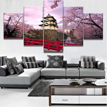 

HD Printed Modular Pictures Canvas Modular Framework 5 Panel Cherry Blossom Japan PosterHome Wall Art Decorative Painting
