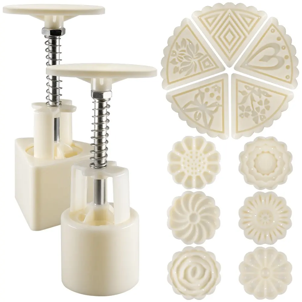 

WGT 2 Sets Mooncake Mold Press 50g with 11 Stamps, Flower and Triangle Shape Decoration Tools for Baking DIY Cookie - White