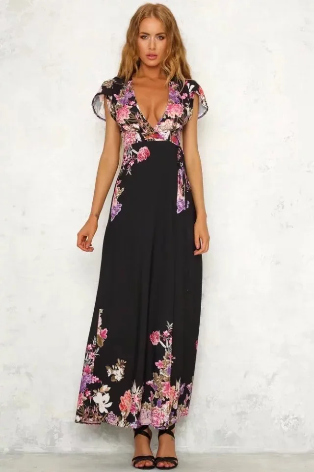 Vacation Boho Bohemian Beach Floral Print V Neck Short Sleeve Maxi