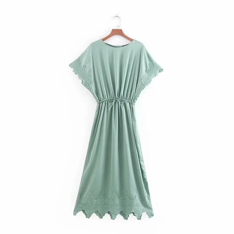 

Women vintage O neck solid color dress short sleeve female casual vintage summer hem lace dresses vestido mujer