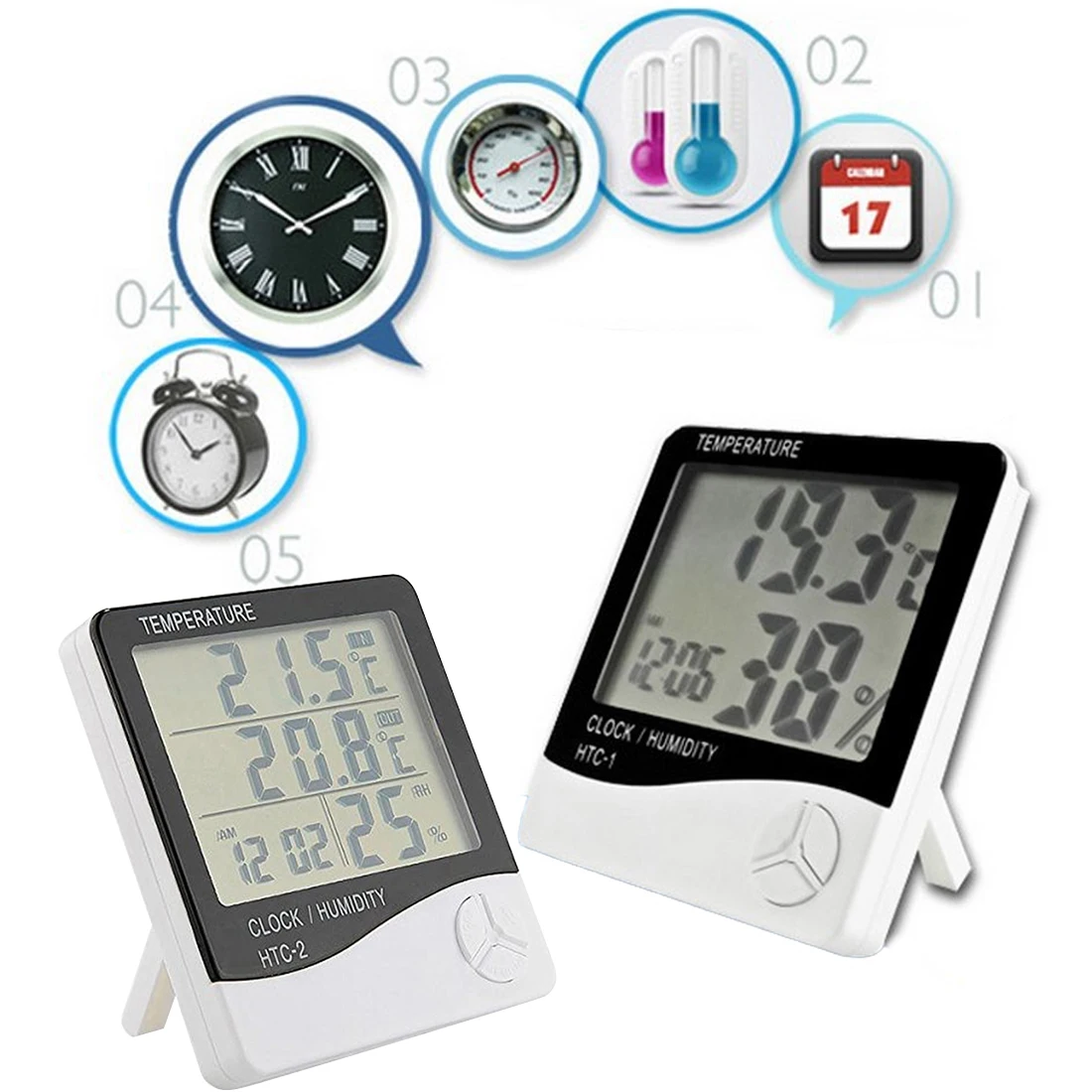 

LCD Electronic Digital Temperature Humidity Meter Indoor Outdoor Thermometer Hygrometer Weather Station Clock HTC-1 HTC-2
