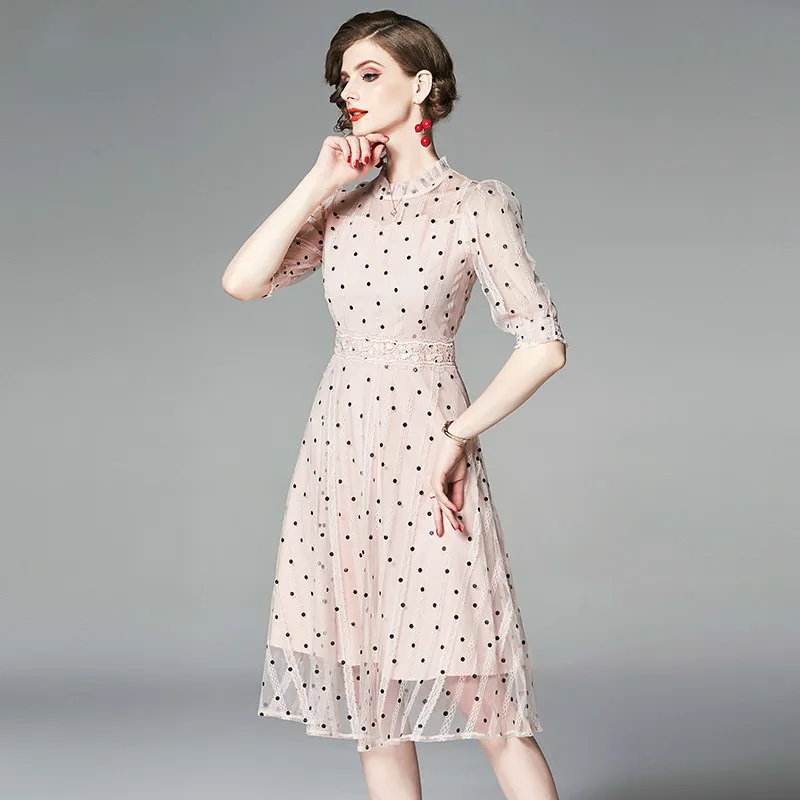 

2019 New Women Dot Sweet Summer Dress Ladies Girls Pink Party Tulle Dress Stand Collar Bubble Sleeve Mesh Lace Dress Vestidos