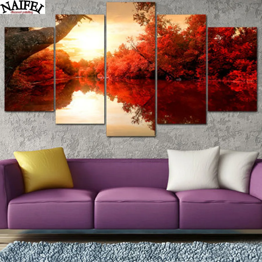 

DIY 5pcs/set,3D Diamond painting Cross stitch landscape,Red tree,River Full Diamond mosaic Square Diamond embroidery