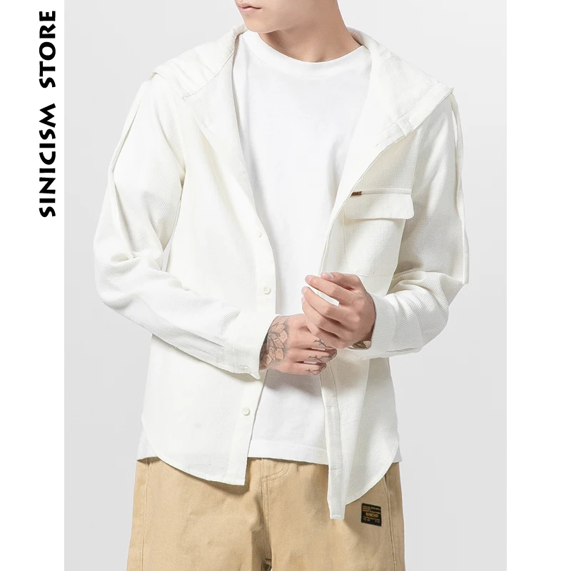 

Sinicism Store Men Solid Hooded Shirts 2019 Man Cotton Long Sleeve White Shirt Male Korean Casual Autumn Button Clothing Vintage