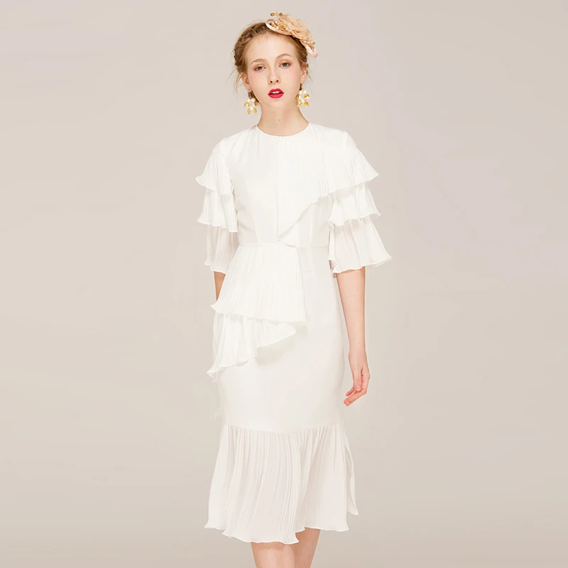 

2017 Latest New Casual White Ruffle Designer Dress Women Fashion s O-neck Chiffon Pleated Long Ladies Dresses 62329