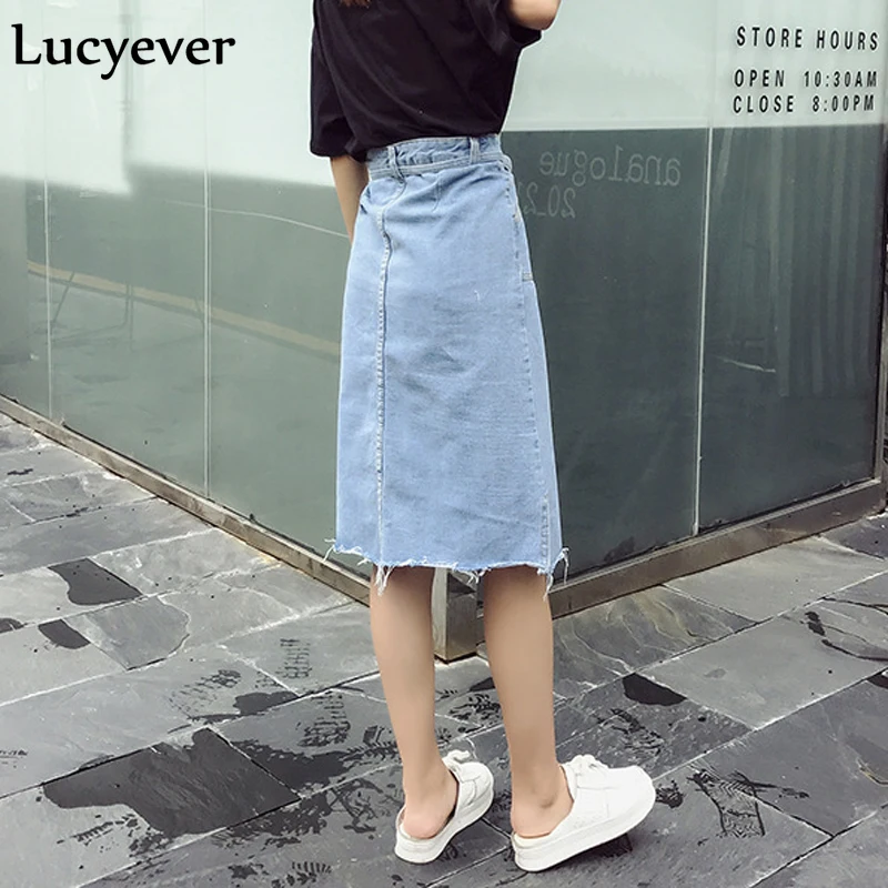 Lucyever винтажные потертые джинсовые женские юбки, летние Сплит корейские миди юбки, однотонные повседневные Элегантные джинсовые юбки с поясом