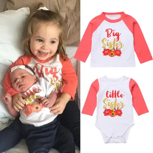 Новорожденный малыш ребенок для маленьких девочек Цветок Little Sister короткий рукав ползунки старшая сестра Топ Футболка с длинными рукавами